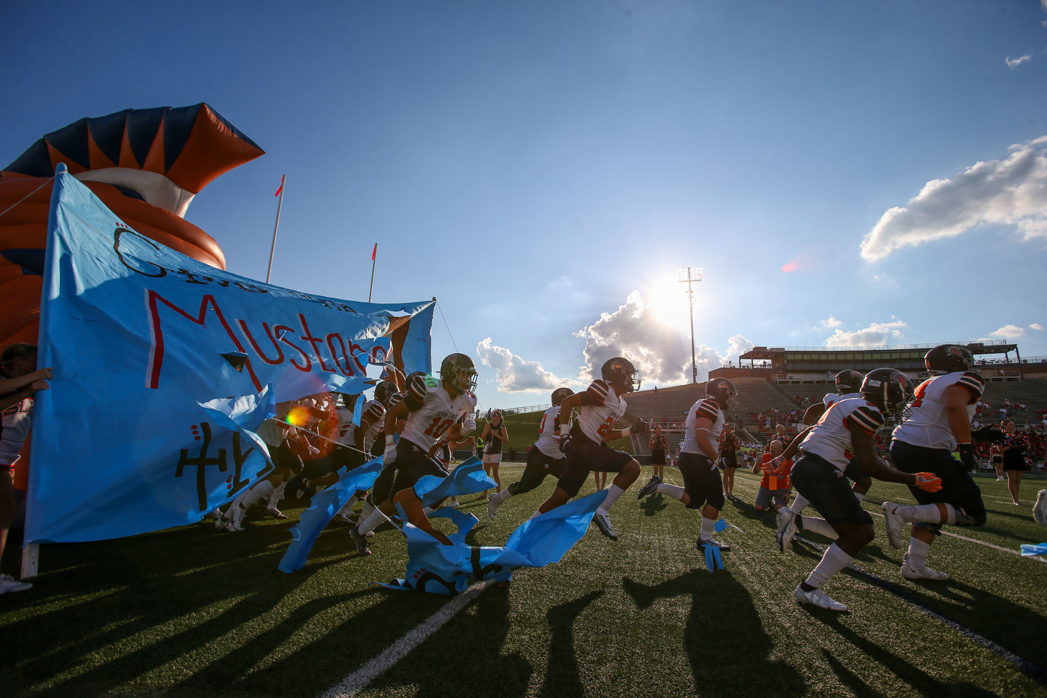 The Seven Lakes Spartans football team takes the field before the start of game between the Seven Lakes Spartans and Memorial Mustangs on August 25, 2022 in Houston, Texas. Photo Credit: John Glaser - Katy Times